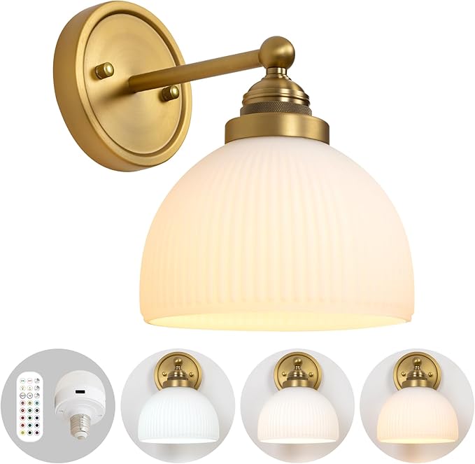 HEQIQEH Vintage Rechargeable Battery Operated Sconce Ribbed White Glass Shade Wall Lighting with Remote Control Dimmable Wall Mounted Lamp Fixture for Bedroom Vanity Bathroom Living Room