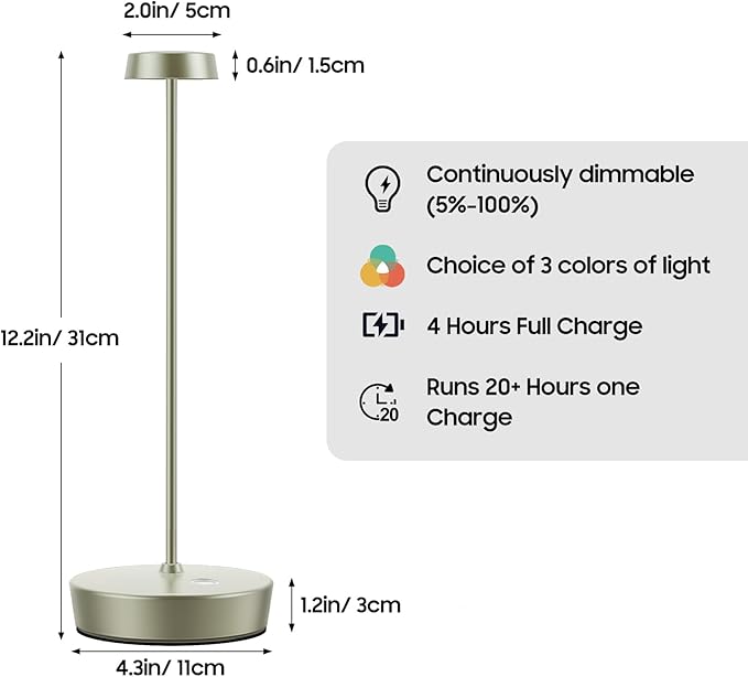 Cordless LED Table Lamp，Rechargeable Battery Desk Lamps, 3 Color Stepless Dimmable Metal Battery Table Lamps, Portable Table Light for Indoor/Outdoor/Restaurants/Bedroom/Bar