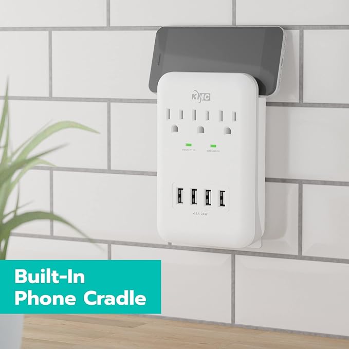 KMC 3-Outlet Wall Mount Surge Protector, 900 Joules, 4 USB 4.8 AMP USB Charging Ports, Phone Holder Cradle for Home, School or Office, ETL Certified