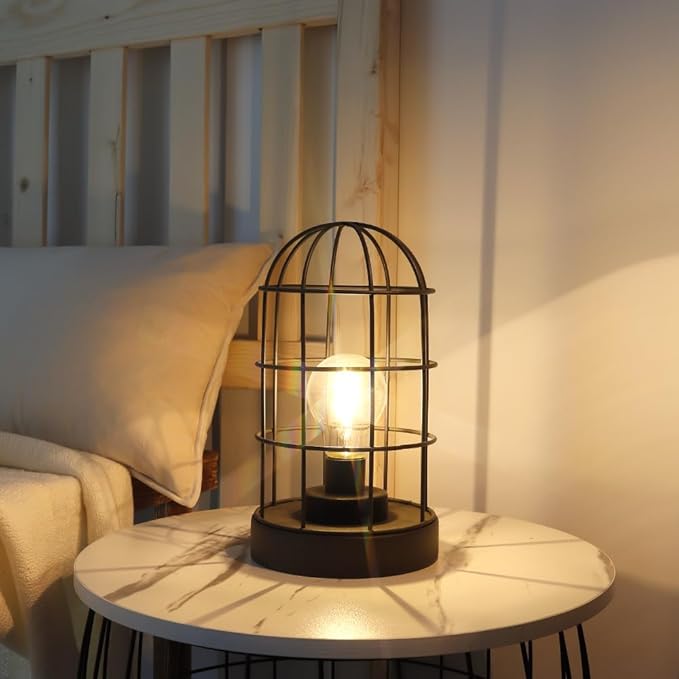 JHY DESIGN Vintage Battery Operated Lamp 10''H Decorative Table Lamp Metal Cage Cordless Lamps with LED Bulb for Home Decor Living Room Bedroom Kitchen Wedding Patio Indoor