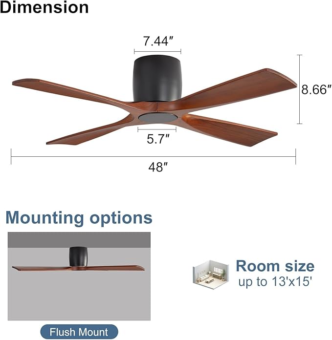 WINGBO Ceiling Fan no Light - 48 inch Solid Wood Flush Mount Ceiling Fan with Remote,4 Reversible Blades, 6-Speed Noiseless Powerful DC Motor, ETL Listed,Matte Black+Walnut