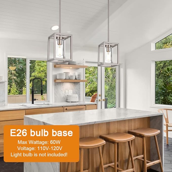 VINLUZ One Light Chandeliers Fixture Brushed Nickel Modern Pendant Kitchen Lighting with Clear Glass Shade Dining Room Lighting Fixtures Hanging Contemporary Lamp Semi Flush Mount Ceiling Lights
