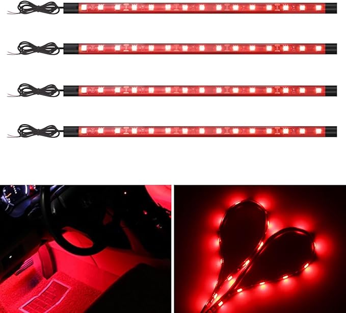 YM E-Bright Car Led Strip Lights for Golf Cart Underglow Motorcycles Marine Boat Kayak Interior Exterior 5050 Chipset 15SMD Waterproof IP67 12V,Red(Pack of 4)