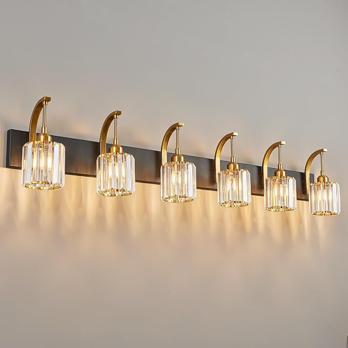 6-Light Crystal Vanity Light, Black Gold Modern Wall Sconce with K9 Crystal Shades, 51.18" Long Over Mirror Lighting for Bathroom, Makeup, Hallway, Elegant & Easy Install