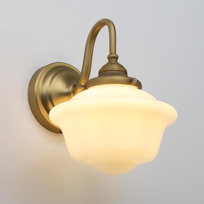 Pathson Vintage Wall Sconce with Milk White Glass, Hardwired Gooseneck Wall Vanity Light Bathroom Sconce Fixture for Living Room, Foyer, Loft, Bedroom, Farmhouse Lamp