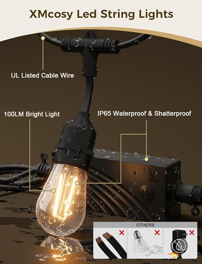 XMCOSY+ Smart Outdoor String Lights, 98Ft LED Patio Lights Waterproof IP65, App Control, Compatible with Alexa, Dimmable Edison Bulbs Outdoor Light for Yard Porch Bistro Outside