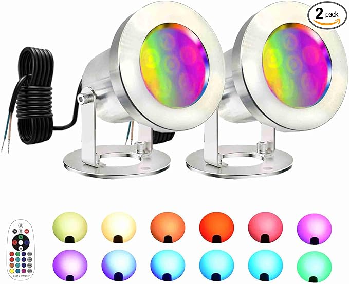 LED Pond Lights with Remote Control, 6W SS316 Stainless Steel RGB Underwater Fountain Light IP68 Waterproof Outdoor Underwater Lights for Pond Waterfall (2)