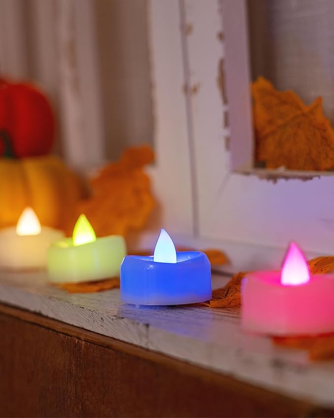 Flameless Candles, 12-Pack Color Changing Tea Lights Candles Battery Operated, Long-Lasting 200+ Hours Flameless Tealight Candles for Halloween Christmas Holiday Decor, 1.5'' D X 1.25'' H