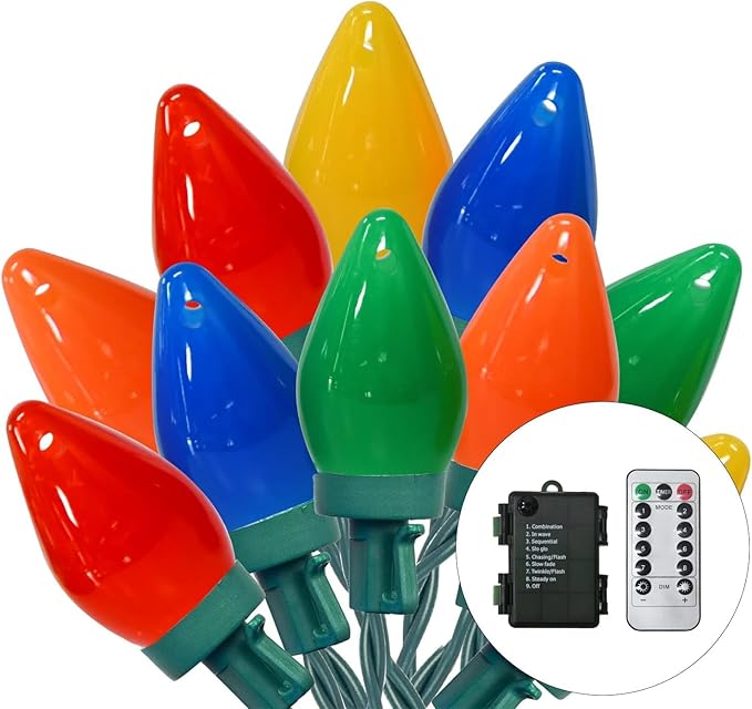 50LED C7 Multicolor Christmas Lights Battery Operated with 8 Mode Remote Control, 27.5FT 50pcs Twinkle C7 Light Bulbs for Colorful Christmas Tree Lights & Home Porch Yard Lawn Decorations