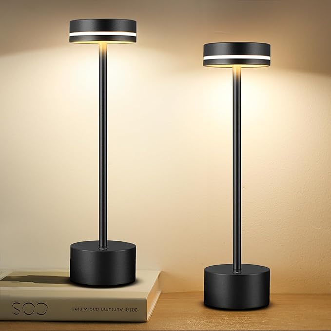 2 Pack LED Cordless Table Lamp Rechargeable, 5000mAh Portable Battery Operated LED Desk Lamp, 3 Color Dimmable Table Light for Reading/Home Office/Dining/Nightstand for Home Décor – Black