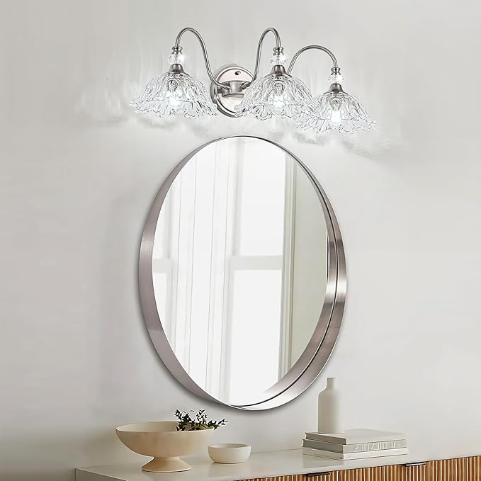 Brushed Nickel 3-Light Bathroom Vanity Light with Floral Clear Glass Shades, Brushed Nickel Wall Mount Lighting for Bathroom, Dressing Table