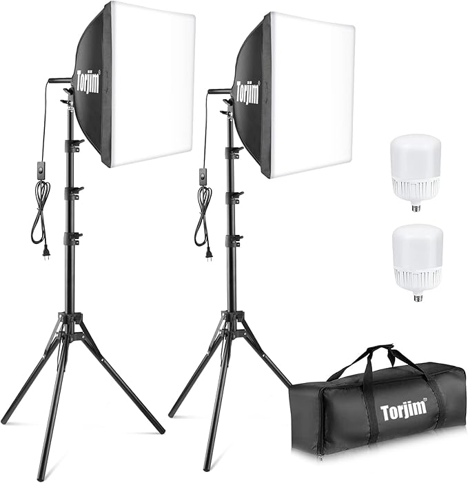 Torjim Softbox Photography Lighting Kit, 16'' x 16'' Professional Softbox Lighting Kit with pcs 40W E27 Socket 8000K Bulbs, Studio Lights for Photography/Recording/Live Streaming/Portraits Shooting