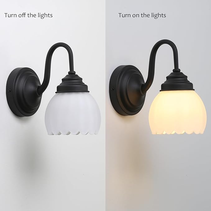 Pathson Milk White Wall Sconce Lamp with Tulip Thicken Glass, Modern Bathroom Sconce Hardwired Wall Vanity Light Indoor Decor for Mirror Living Room Foyer Loft Bedroom Farmhouse Lighting