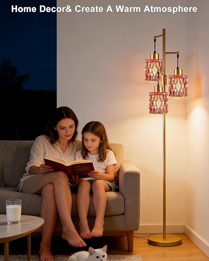 3-Light Floor Lamps for Living Room, Farmhouse Dimmable Gold Floor Lamp with Rose Red Glass Shade& Bulbs Included, Mid Century Standing Tall Lamp for Bedroom/Sofa Beside/Corner