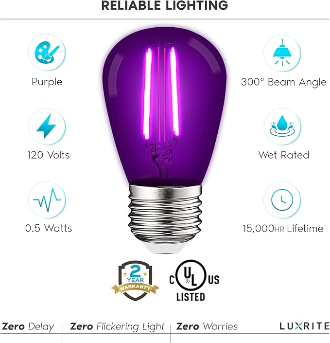 LUXRITE S14 Edison LED Purple Light Bulbs, 0.5W, Colored LED Bulbs for Outdoor String Lights, UL Listed, E26 Base, Indoor Outdoor, Decoration, Party, Holiday, String Light Replacement Bulbs (6 Pack)