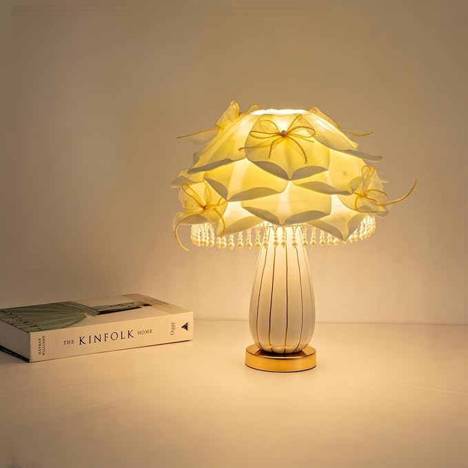White Flower Girls Table Lamp Modern Princess Desk Lamp Cute Bow Bedside Lamp Nordic Nightstand Petal Light for Bedroom Valentines Dating Wedding Living Room Entry Office Study Room