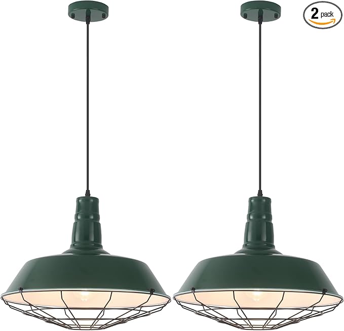 Green Industrial Pendant Lights Kitchen Island, 18.1 Inch Large Pendant Light, Farmhouse Pendant Light with Wire Cage, Barn Pendant 2 Pack, Island Pendant Lights for Kitchen Dining Room