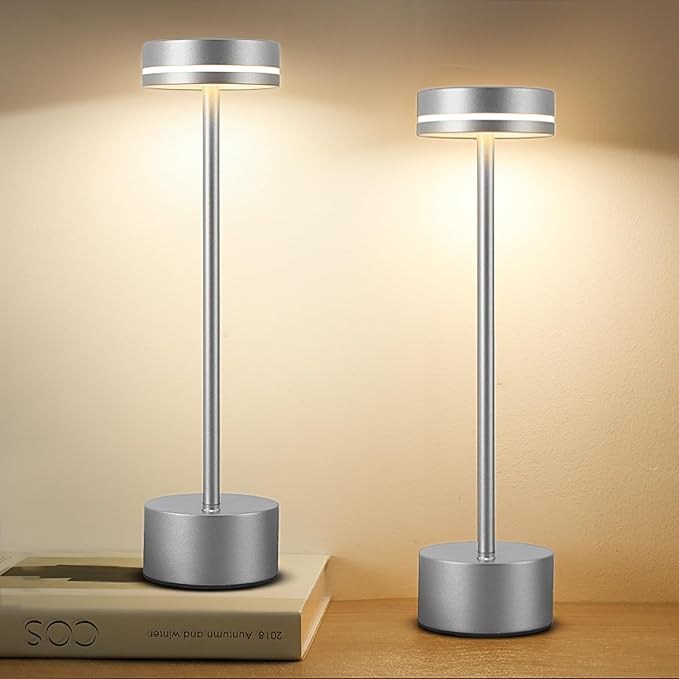 2 Pack LED Cordless Table Lamp Rechargeable, 5000mAh Portable Battery Operated LED Desk Lamp, 3 Color Dimmable Table Light for Reading/Home Office/Dining/Nightstand for Home Décor – Silver