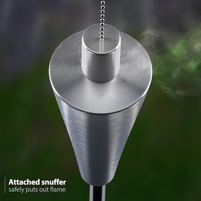 Matney Stainless Steel Torches for Outside - Outdoor Torches - Patio Garden & Yard Lights - 5 ft Oil Lamp for Citronella - Fiberglass Wick & Snuffer Cap - Set of 2 (Cone)
