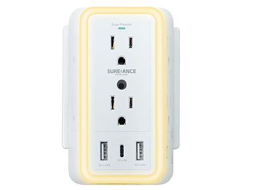 Multi Plug Wall Outlet, SUREANCE 6-Outlet Extender with Night Light, 3 USB Ports, 3-Sided Power Strip with Adapter Spaced Outlets,1050J Wall Charger, for Home Office Dorm Essentials