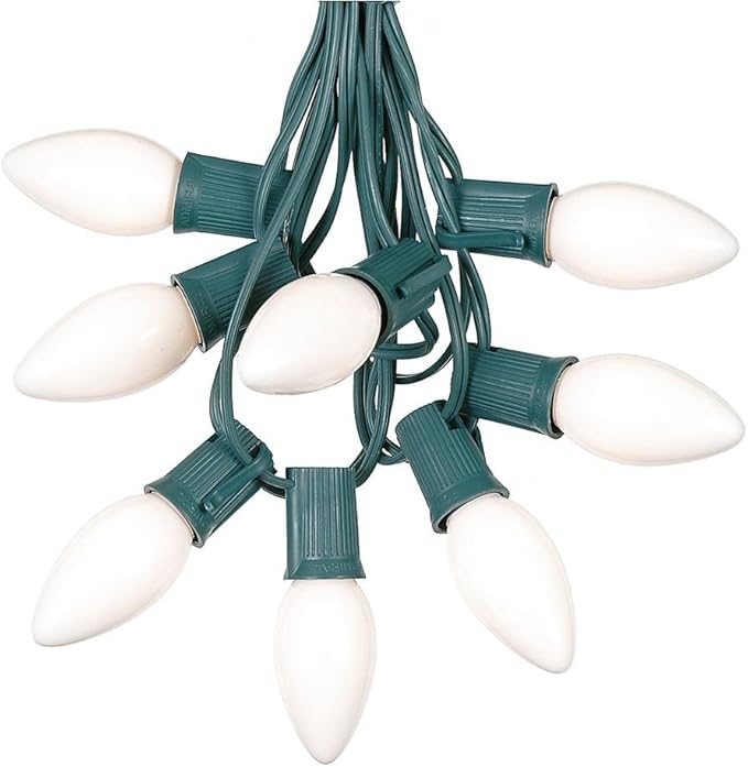 25 Foot C9 White Ceramic Christmas String Light Set - Outdoor Christmas Light String - Christmas Tree Lights – Opaque Christmas Bulbs - Roofline Light String – Outdoor String Lights - Green Wire…
