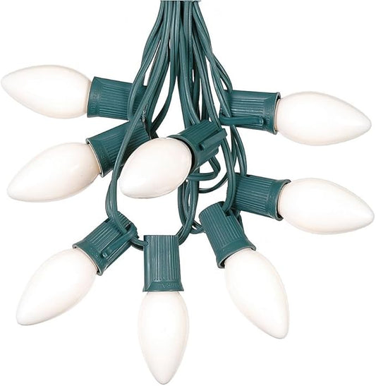 25 Foot C9 White Ceramic Christmas String Light Set - Outdoor Christmas Light String - Christmas Tree Lights – Opaque Christmas Bulbs - Roofline Light String – Outdoor String Lights - Green Wire…