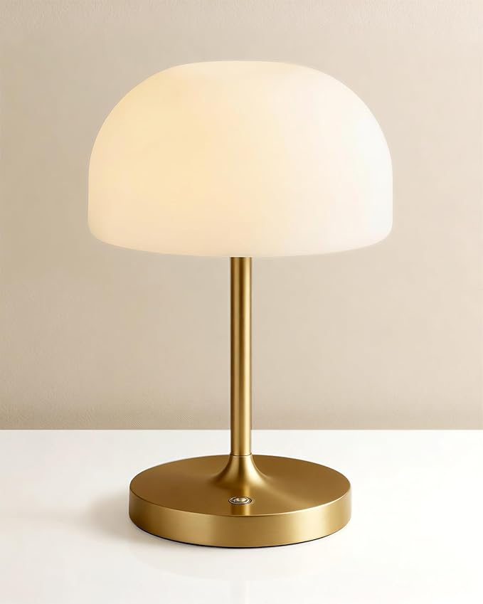 VoMii Mushroom Lamp, 9” Cordless Table Lamp Waterproof Shower Lamps with 4000mAh Battery Rechargeable & 3 Color Temperatures, Dimmable LED Night Light for Bathroom, Bedroom & Home Decor - Brass