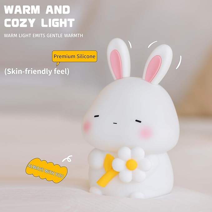 Led Cute Flower Bunny Night Light, Dimmable Timer Kawaii Lamps, Super Squishy Silicone USB Rechargeable Touch Control Night Lamp, Used for Camping Party Room Decor (Bunny with Flower)
