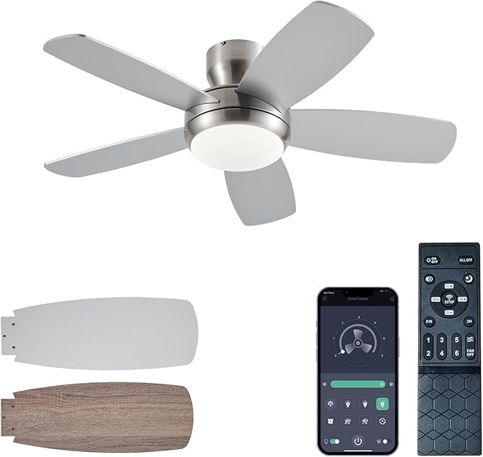 KNUN 42 Inch Ceiling Fan with Light and Remote/App Control, Low Profile Ceiling Fans with Lights,Flush Mount, Double-sided Blades, 3CCT, Dimmable, Noiseless, Nickel Ceiling Fan for Indoor/Outdoor Use