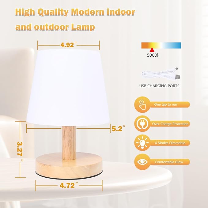 Wood Rechargeable Table Lamp Cordless, 9" Small 4000mAh Battery Table Lamps Cordless 3 Brightness Lamp, Small Cute Portable Bedside Aesthetic Lamps, Night Lights for Kids Bedroom Home Cozy Decor