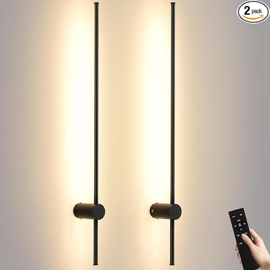 LED Wireless Wall Sconce with Remote Control, Dimmable/350° Rotate/Timing/USB Rechargeable Battery Powered Indoor Wall Lamps, 39.9 inch Black Wall Lights Set of Two for Hallway, Living Room, Bedroom