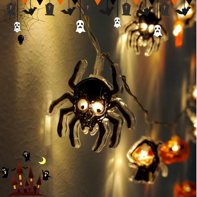 Halloween String Lights 9.8FT 20 LED Battery Powered Outdoor Decor, Pumpkin Mummy Skull Spider Designs, 2 Lighting Modes Halloween Lights Indoor for Yard Party Decoration(Style A)