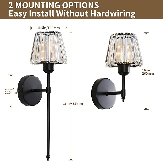 Battery Operated Crystal Wall Sconce Set of 2, Black Rechargeable Wireless Wall Sconces with Remote Dimmable 12 Colors Modes Led Wall Lights, Wall Lamp for Bedroom Living Room Hallway 2 Bulbs Included