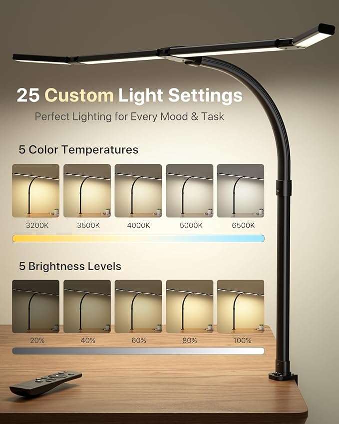 ONEMIX 42" LED Desk Lamp with Clamp, Architect Desk Light with Remote, Adjustable 4-Segment Bar, 1800LM Bright, Eye-Caring Desk Lamp for Home Office, Reading, Study, Dual Monitors, Workbench (Black)