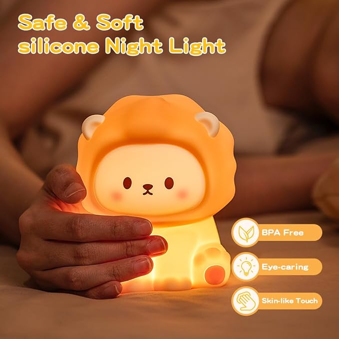 Cute Lion Night Light for Kids, Rechargeable Nursery Lamp with Timer, 3 Brightness Levels & Warm Light, Soft Silicone Baby Night Light, Tap Control, Gift for Toddlers