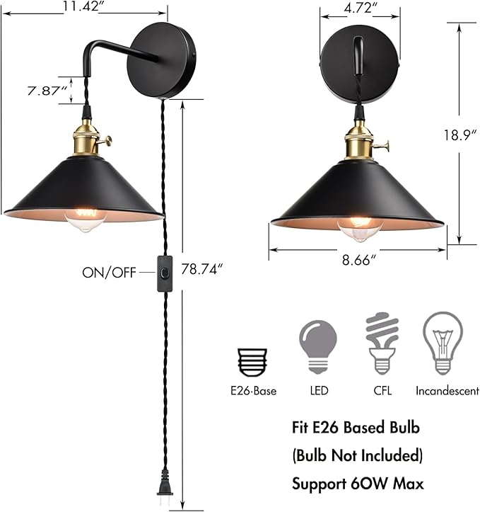 Industrial Wall Sconce 2-Pack with Hanging Height-Adjustable Black Plug-in Wall Lamp with On/Off Switch for Bedroom Bathroom Corridor Porch Patio Hallway