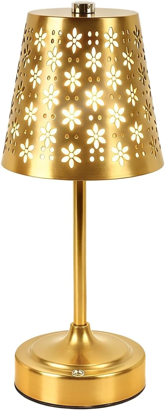 Rechargeable Cordless Table Lamp, Touch Control Battery Powered Bedside Lamp with Floral Cutout Shade, 3 Color Stepless Dimmable Decorative Nightstand Lamp for Bedroom (Gold)