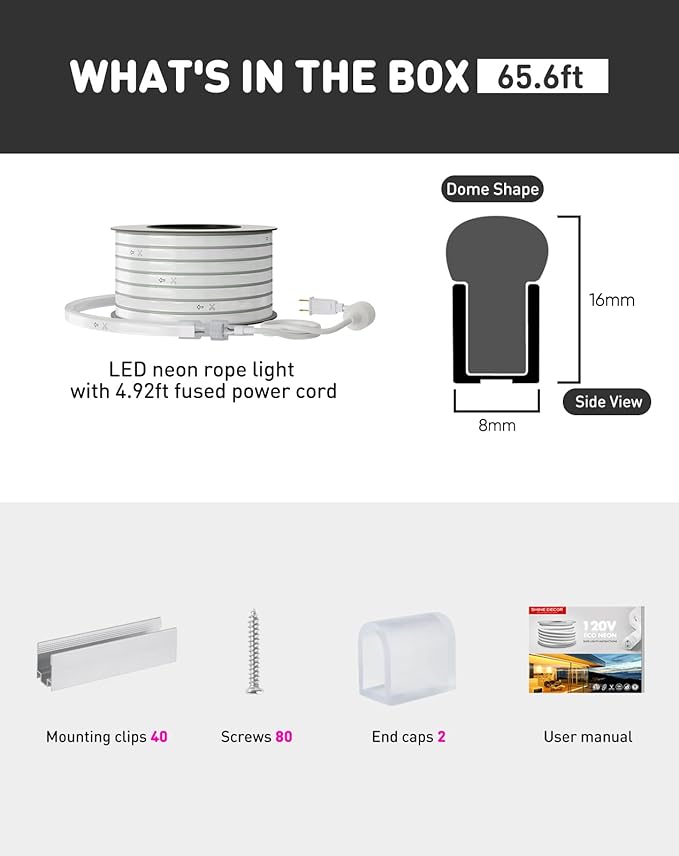 Shine Decor LED Rope Lights AC 120V, Connectable & Cuttable Dotless 120LEDs/M Eco Neon Strip Lighting, ETL IP65 Waterproof & Weather-Resistant for Home Commercial, 8x16mm, 6000K Cool White, 65.6FT