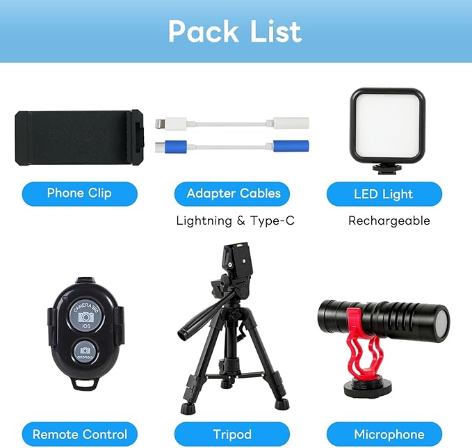 Vlogging Kit for iPhone, Android, Camera, Compatible with YouTube Starter Kit with Rechargeable LED Light + Microphone + Phone Clip + Aluminum Desktop Tripod for Vlogging, Instagram, TikTok