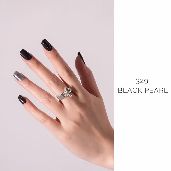 NAILOG Semi Cured Gel Nail Strips, 20Pcs Black Glitter Lasting Gel Nail Stickers, Salon Quality Easy Apply & Remove Works with Any UV/LED Nail Lamps, Black Pearl