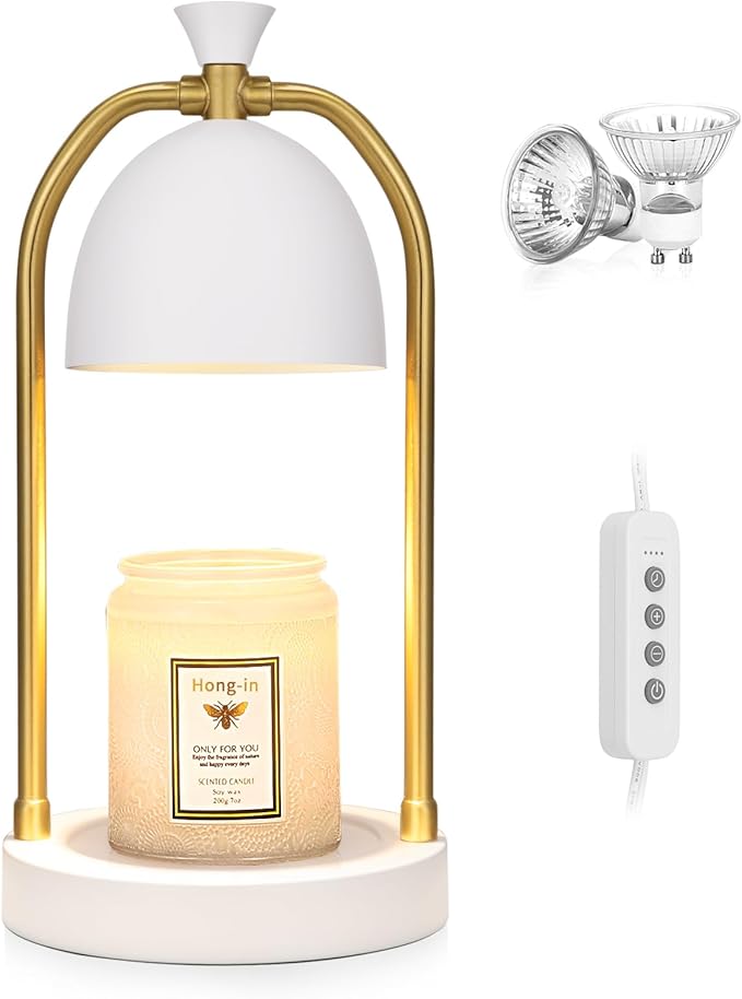 Hong-in White and Gold Candle Warmer Lamp with Timer-Electric Candle Warmer Lamp for Bedroom Decor, Dimmable Candle Light Warmer,Home Decor, Wax Warmer Lamp for Jar Candles with 2 Bulbs