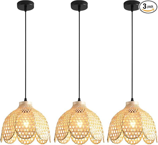 3-Pack Mini Bamboo Pendant Light,10.23IN Petal Rattan Chandelier Hand Woven Wicker Hanging Light for Kitchen Bedroom Dining Room Living Room Stairs Hallway Apartment