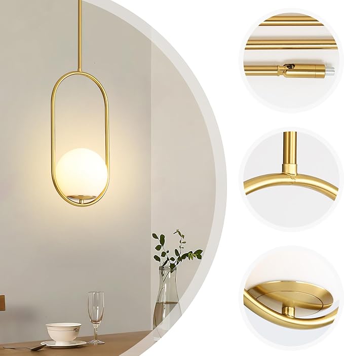 Yunnix Pendant Lights Kitchen Island Modern Gold Globe Pendant Light Mid Century Light Fixture Milk Glass Pendant Lights for Bedroom Dining Room Brushed Brass with One Light (Bulb Not Included)
