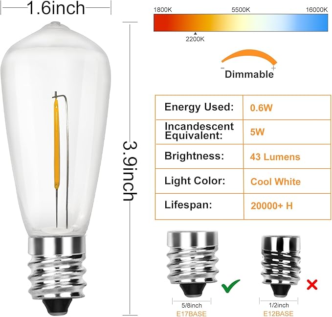 ST40 LED String Light Replacement Bulbs, 12 Pack Clear LED Bulbs, 0.6 Watts - 120 Volts - E17 Rustproof Screw Base, Warm White