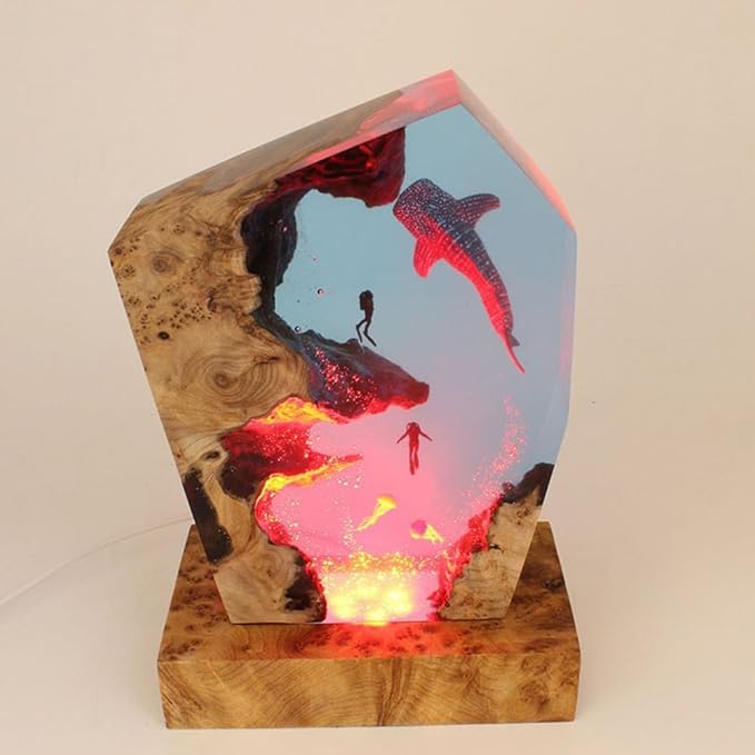 Whale Shark Ocean Resin Lamp, Handmade Wooden Table Resin Night Light, USB Port Art Ornaments for Home Office Decor, Scuba Diver Gifts for Birthday Holiday, Valentine's Day Gifts for Husband