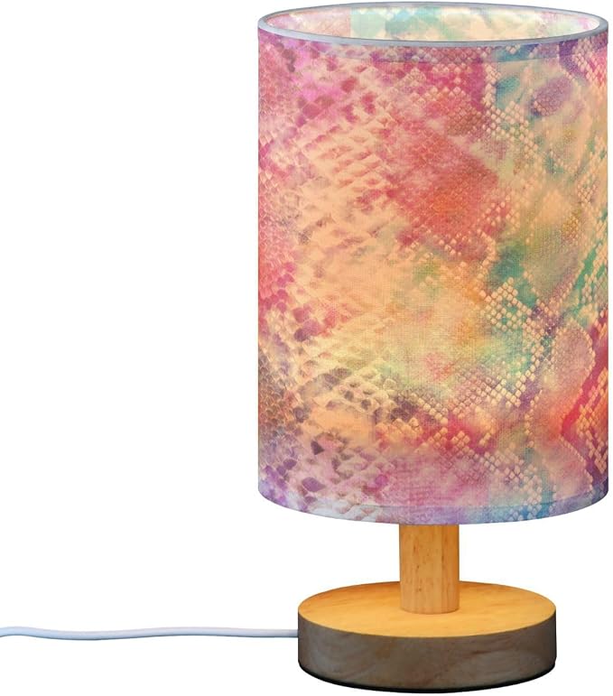 Table Lamp Colorful Tie Dye Snake Print Animal Skin Pattern Nightstand Lamp with Wood Base Fabric Lamp Shade Bedside Desk Lamp for Living Room Bedroom Kids Room Office