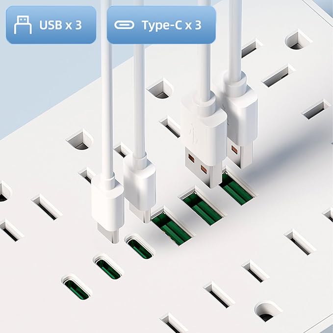 Surge Protector Power Strip 10 FT Flat Plug, 1875W/10A, 13 Multiple AC Outlets with 3 USB-A 3 USB C, One Touch Switch Button,Perfect for Home, Office, or Travel Use. White