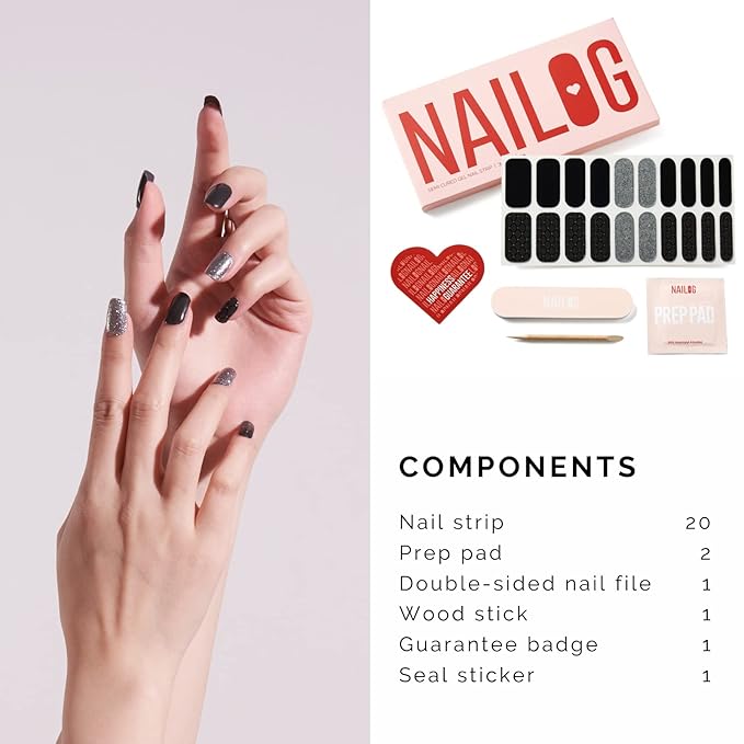 NAILOG Semi Cured Gel Nail Strips, 20Pcs Black Glitter Lasting Gel Nail Stickers, Salon Quality Easy Apply & Remove Works with Any UV/LED Nail Lamps, Black Pearl