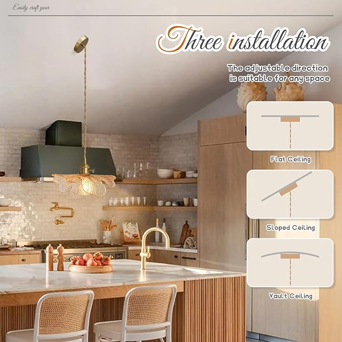 Modern Pendant Light 2 Pack Glass Pendant Lights with Hand Blown Amber Glass Shade Brass Pendant Light Kitchen Island Gold Adjustable Ceiling Hanging Light for Dining Room Bedroom