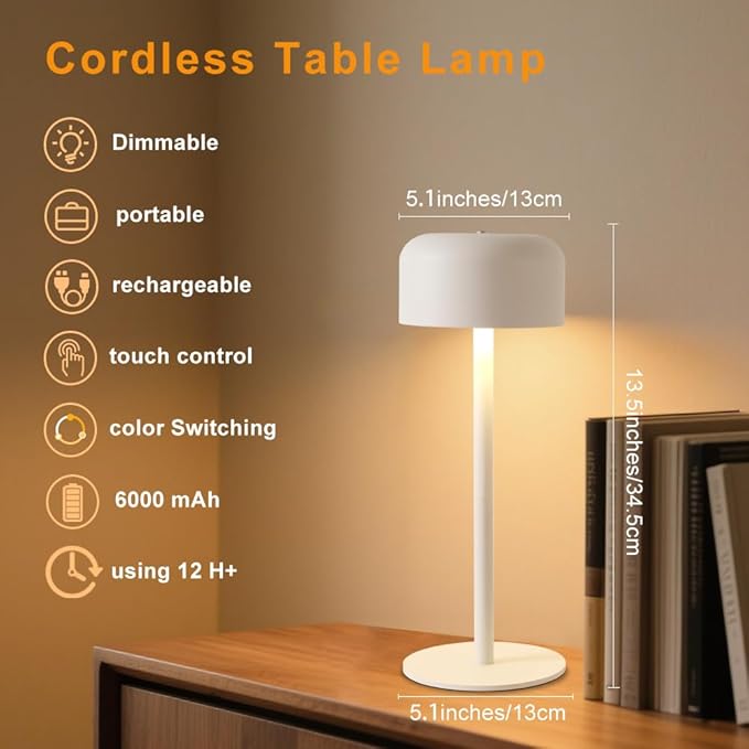 Cordless Table Lamps Set of 2, 6000mAh Rechargeable Battery Powered Lamp, 3 Color Stepless Dimming LED Table Light with Memory Function, Portable Table Light for Outdoor/Indoor/Restaurant (White)